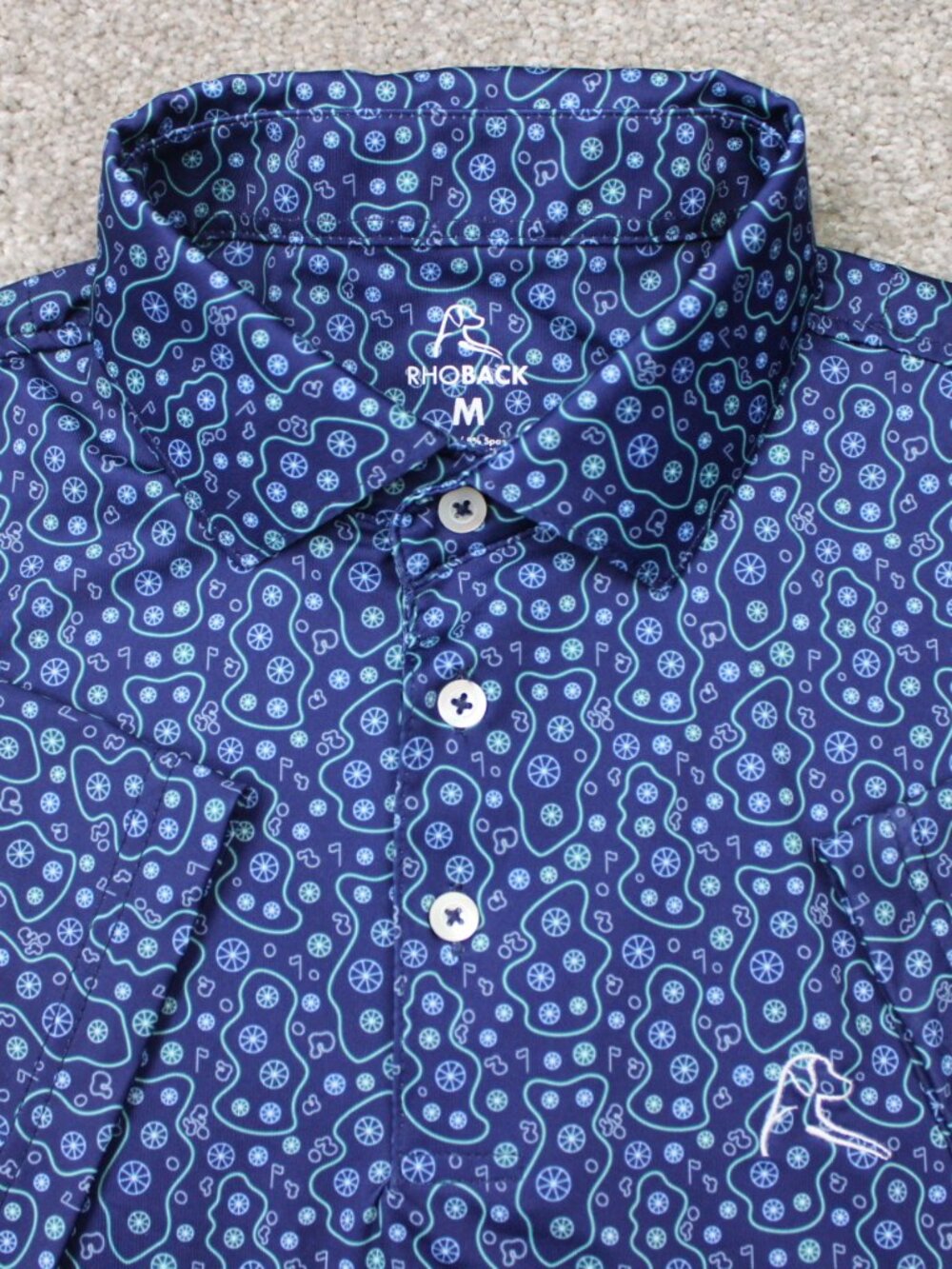 Rhoback Polo Shirt Mens Medium Blue Geometric AOP Performance Golf Short Sleeve